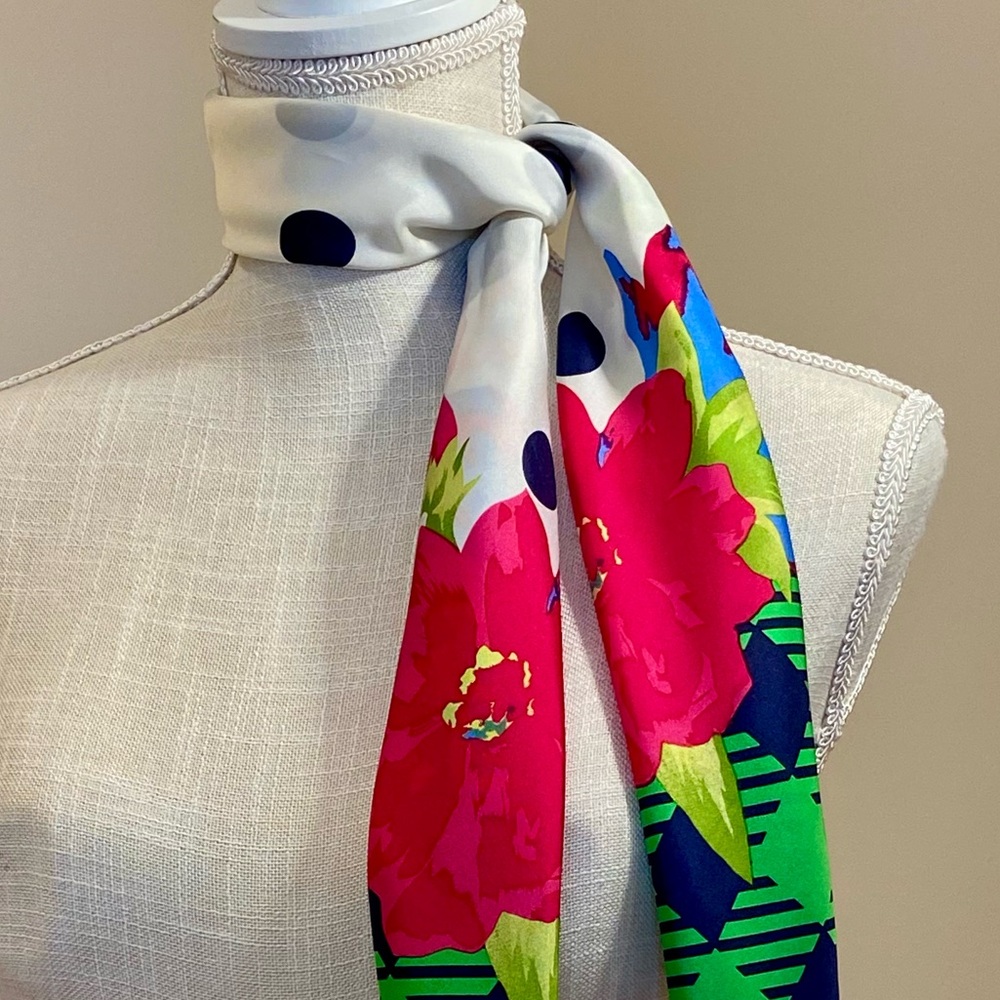 Echo Silk Vintage Scarf Floral Houndstooth Kelly Green Blue Red Marimekko style